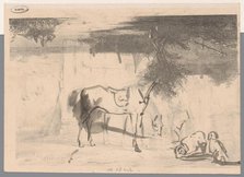 River landscape; two horses and a servant in a stable, 1846.  Creator: Johannes Franciscus Hoppenbrouwers.