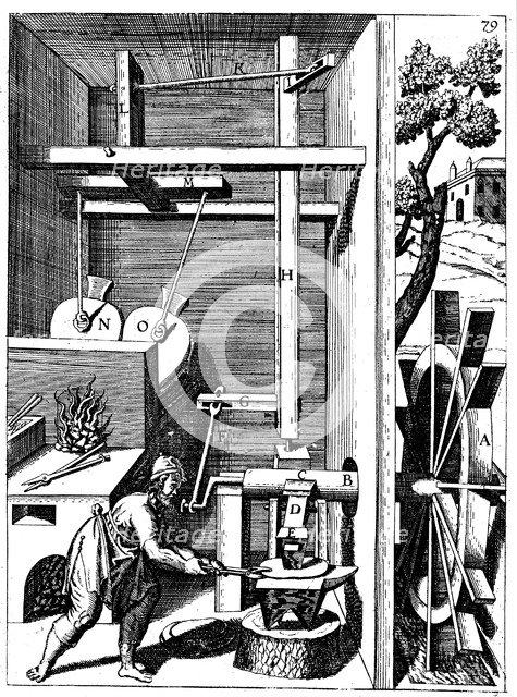 Forge with bellows driven by an undershot water wheel through cranks, 1673. Artist: Unknown