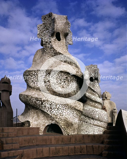 View of one of the chimneys crowning La Pedrera or Mila House, by Antoni Gaudí i Cornet (1852 - 1…