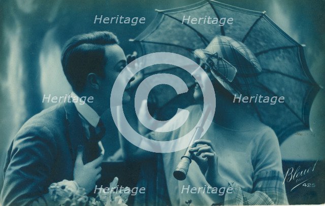 Postcard of romantic vintage couple, in blue. Artist: Unknown