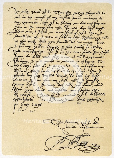 Letter from Francis Bacon to Sir John Puckering, 28th July 1595.Artist: Sir Francis Bacon