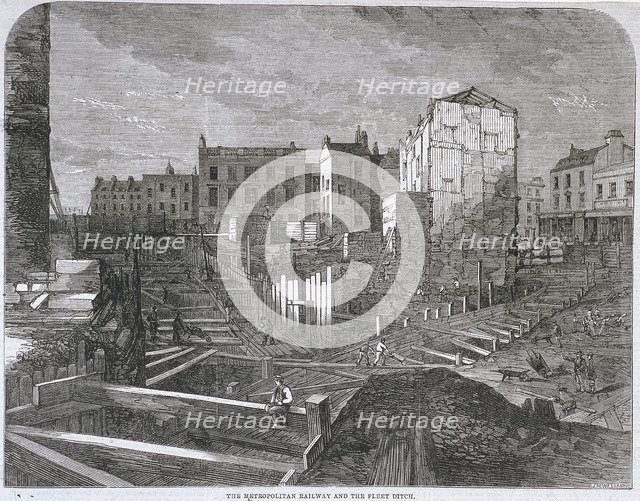 Construction of the Metropolitan Railway and Fleet Ditch,  London, 1862. Artist: Anon