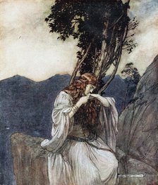 Brünnhilde kisses the ring that Siegfried has left with her. Illustration for Siegfried and The Twi Artist: Rackham, Arthur (1867-1939)