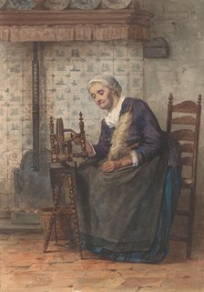 Old woman in interior at spinning wheel, 1878. Creator: Hendrik Valkenburg.