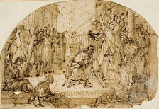 Bishop Blessing a Kneeling Man OR Meeting of Emperor Theodosius and Bishop Ambrose, c. 1600. Creator: Luigi Benfatto.