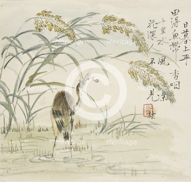 An egret eating a fish, 1857. Artist: Jin Yuan.