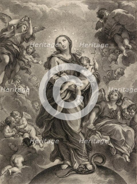 Destroy the dragon without sword; (Dan. 14.25); Virgin and Child on hemisphere. Creator: Johann Jakob Frey the Elder.