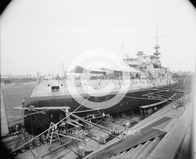 U.S.S. Massachusetts in dry dock, between 1896 and 1901. Creator: Unknown.