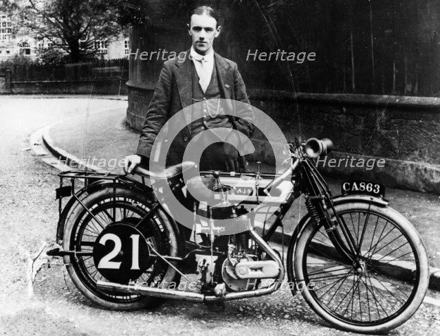 Billy Jones with an AJS motorbike, 1914. Artist: Unknown