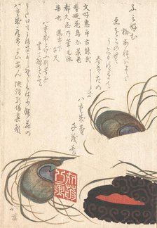 Seal-stone and Seal-ink with Peacock Feathers, from Spring Rain Surimono Album (H..., probably 1817. Creator: Totoya Hokkei.