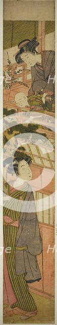 Woman Holding Boy who is Reaching Out to Young Man Below, c. 1776. Creator: Kitao Shigemasa.