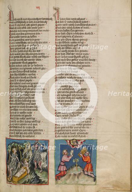 Adam and Eve Working: The Sacrifice of Cain and Abel; Weltchronik, about 1400-1410. Creator: Unknown.