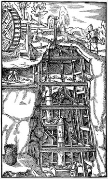 Draining a mine using a series of suction pumps powered by a water wheel, 1556. Artist: Unknown