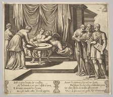 Plate 8: Psyche seated at a table and attended by invisible servants, Eros beside the g..., 1530-60. Creator: Master of the Die.