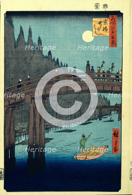 Bamboo Quay by Kyobashi Bridge. (One Hundred Famous Views of Edo), c. 1858. Artist: Hiroshige, Utagawa (1797-1858)