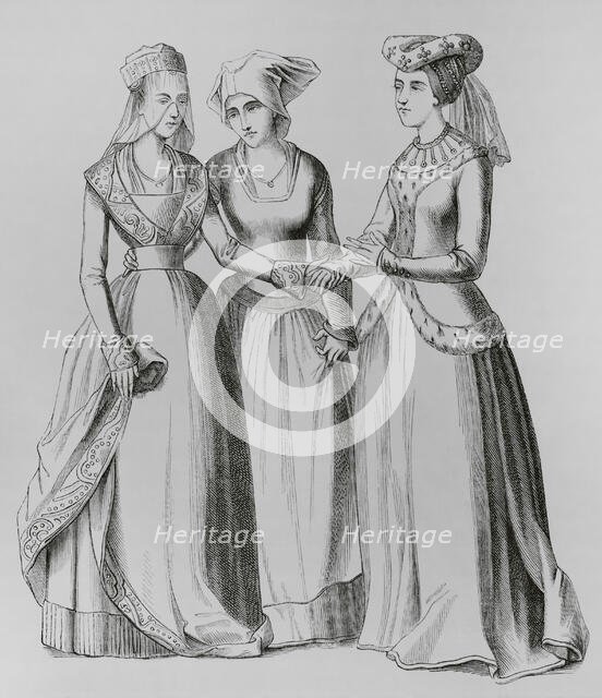 A bourgeoise, a peasant and a noblewoman, 14th century, (1878).  Creator: Unknown.