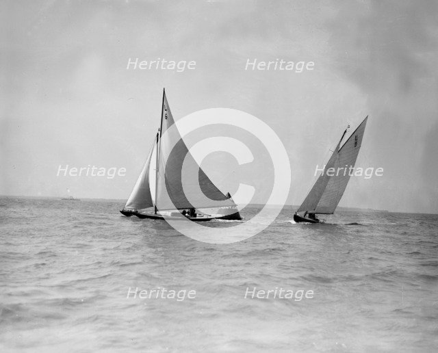 The 6 Metre yachts 'The Whim' (L6) and 'Cingalee' rounding mark, 1911. Creator: Kirk & Sons of Cowes.