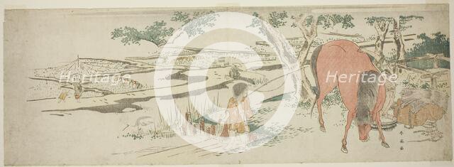 Rural Scene in Early Summer: Peasants Transplanting Rice and a Man Washing a Horse, late 1790s. Creator: Katsukawa Shun'ei.