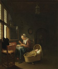 A mother sewing with her child, c. 1670.
