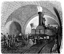 Opening of the Alps, passing the first locomotive by the Mont - Cenis Tunnel, at the intersection…