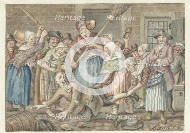 A man who had beaten his wife is punished by a group of women in the Vinkestraat in Amsterdam, 1768. Creator: Anthonie Drost.