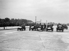 Cars competing in the BARC Daily Sketch Old Crocks Race, Brooklands, 1931. Artist: Bill Brunell.