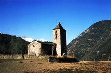 View of the Church of the Assumption in the village Coll de Tor built with large stone blocks.