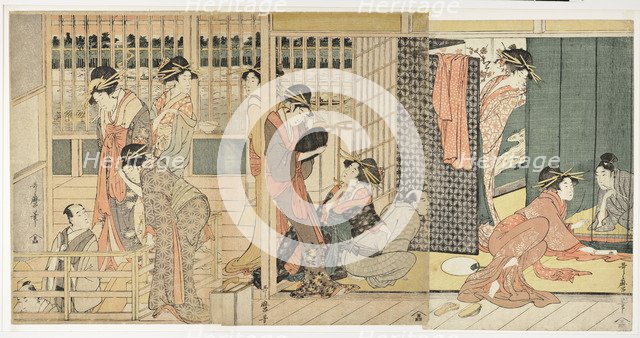 Morning Parting at the Temporary Lodgings of the Pleasure Quarter, 1801. Artist: Utamaro, Kitagawa (1753-1806)