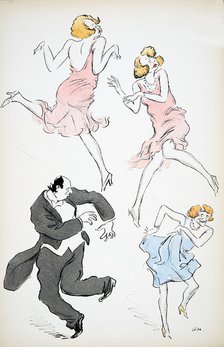 Three illustrations of transvestites in blue and pink dresses dancing with a larger gentleman in whi