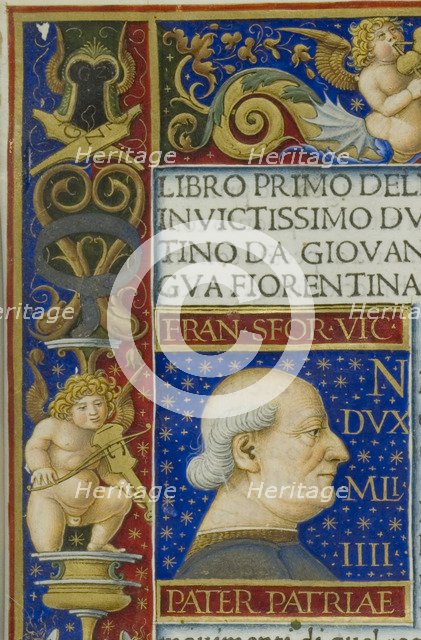 A leaf from the La Sforziada with the portrait of Francesco Sforza in the initial space, 1479.