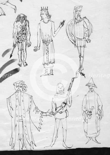 Page of sketches, people in period costume, c1950. Creator: Shirley Markham.