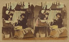 Woman washing clothes, man seated holding a bottle, clothes hung up overhead, about 1865. Creator: London Stereoscopic & Photographic Co.