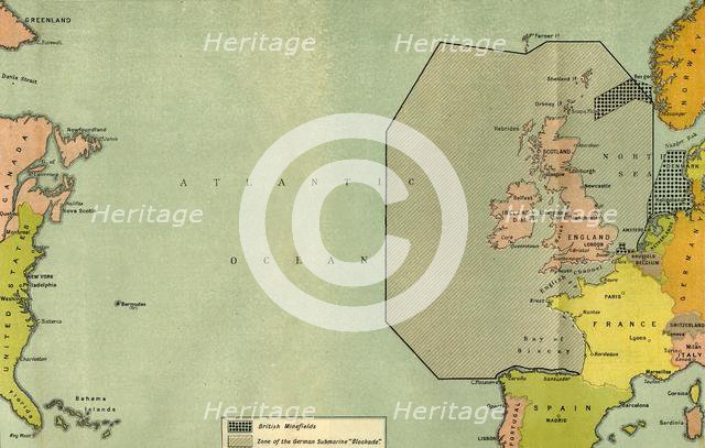 'Map To Illustrate the German Submarine Blockade and the British Minefields...', 1919.  Creator: London Geographical Institute.