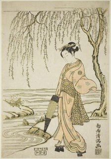 A Young Woman Watching Frogs (parody of Ono no Tôfû), c. 1760. Creator: Torii Kiyomitsu.