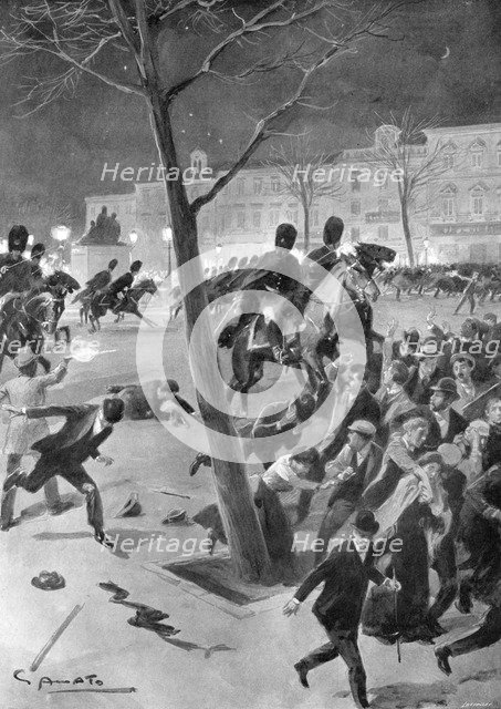 Gendarmes charging the rioters in the Place des Grand Sablons, Brussels, Belgium, 1902.Artist: G Amato
