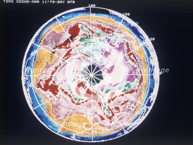 North Pole total ozone maps with meteorological chart, March 1979. Creator: NASA.