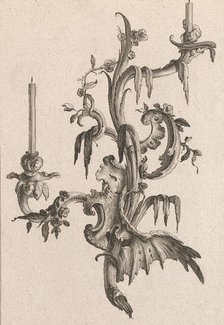 Design for a Two-Armed Candelabra with Rocaille Ornaments and Flowers, Plat..., Printed ca. 1750-56. Creator: Carl Pier.