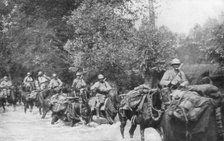 The re-supply of a machine gun unit by horseback, Aisne, France, 2 September 1918. Artist: Unknown
