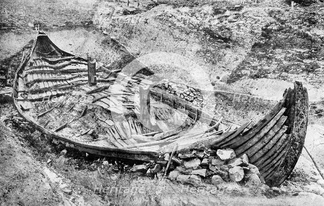 Stern view of the Oseberg Viking ship after months of excavation, Norway, c1904-1905. Artist: Unknown