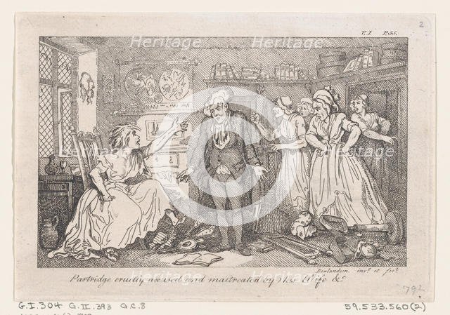 Partridge cruelly accused and maltreated by his Wife, from "The History of Tom Jones, a Fo..., 1792. Creator: Thomas Rowlandson.