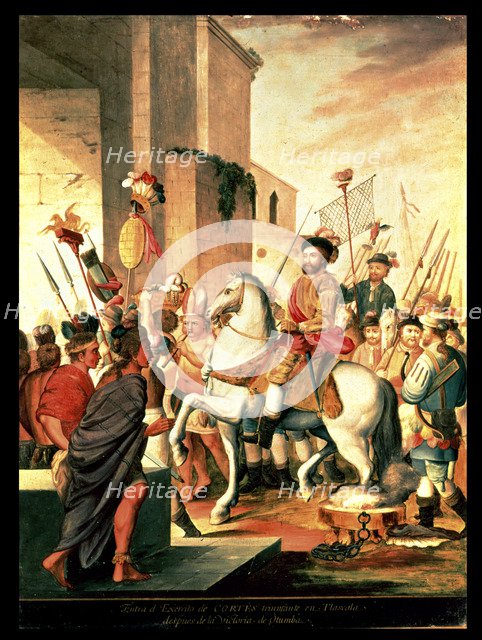 Entrance of the Cortés army triumphant in Tlascala after the victory of Otumba, painting inspired…