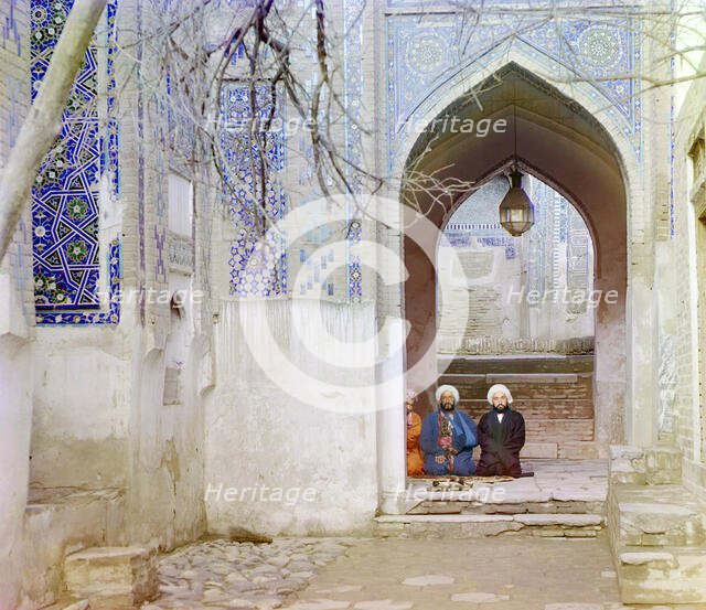 At entrance to upper chartak (canopy) of Shakh-i Zindeh, Samarkand, between 1905 and 1915. Creator: Sergey Mikhaylovich Prokudin-Gorsky.