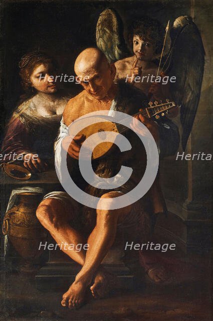 Mondone che suona il liuto con donna e cupido in attesa (Mondone plays the lute while..., 1650. Creator: Paolini, Pietro (1603-1682).