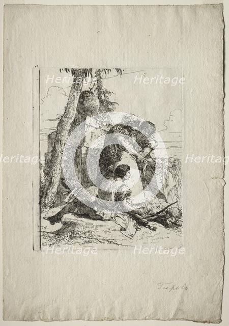 Scherzi di Fantasia: Magician Pointing Out a Burning Head to Two Youths, 1750s. Creator: Giovanni Battista Tiepolo (Italian, 1696-1770).