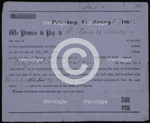 Promissory note for hire of slave Cely and two children, 1865-01-02. Creator: Unknown.