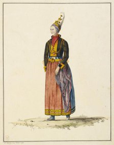 Drawing of an Icelandic woman in her bridal dress, 1772.  Creator: John Clovelly.
