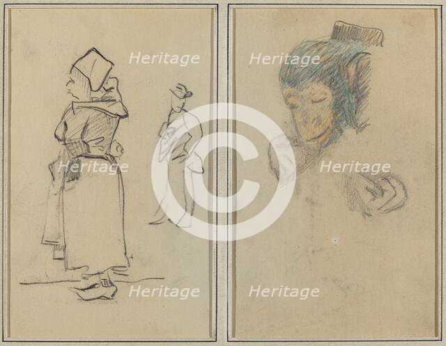 A Breton Woman and a Standing Man; Head and Hand of a Monkey [recto], 1884-1888. Creator: Paul Gauguin.