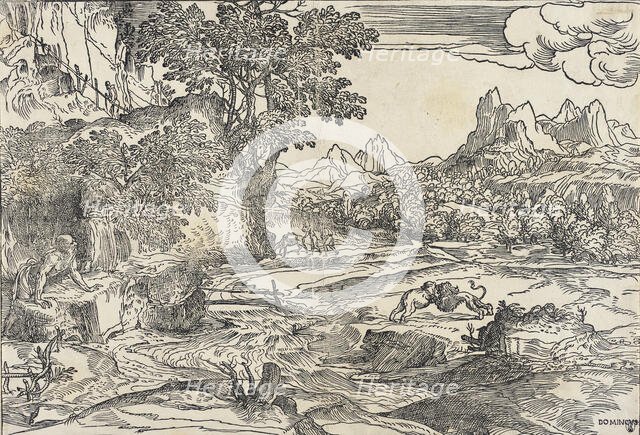 Saint Jerome in the Wilderness with Fighting Lion and Bear, between 1530 and 1535. Creator: Domenico Campagnola.