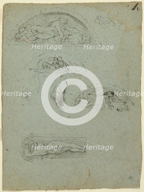 Standing Figure in a Niche and Studies for the Ugolino Group (recto); Red-Robed Prelate..., 1857/58. Creator: Jean-Baptiste Carpeaux.