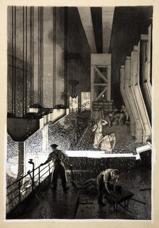Foundry scene (men supervising pouring of molten metal), between 1939 and 1946. Creators: Unknown, Central Office of Information.